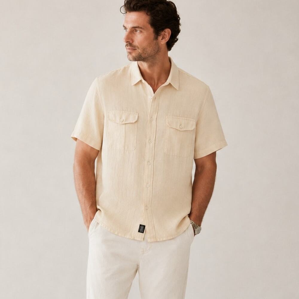 Todd Snyder Linen Panama Shirt Baird McNutt in Sand Dollar Beige 2XL